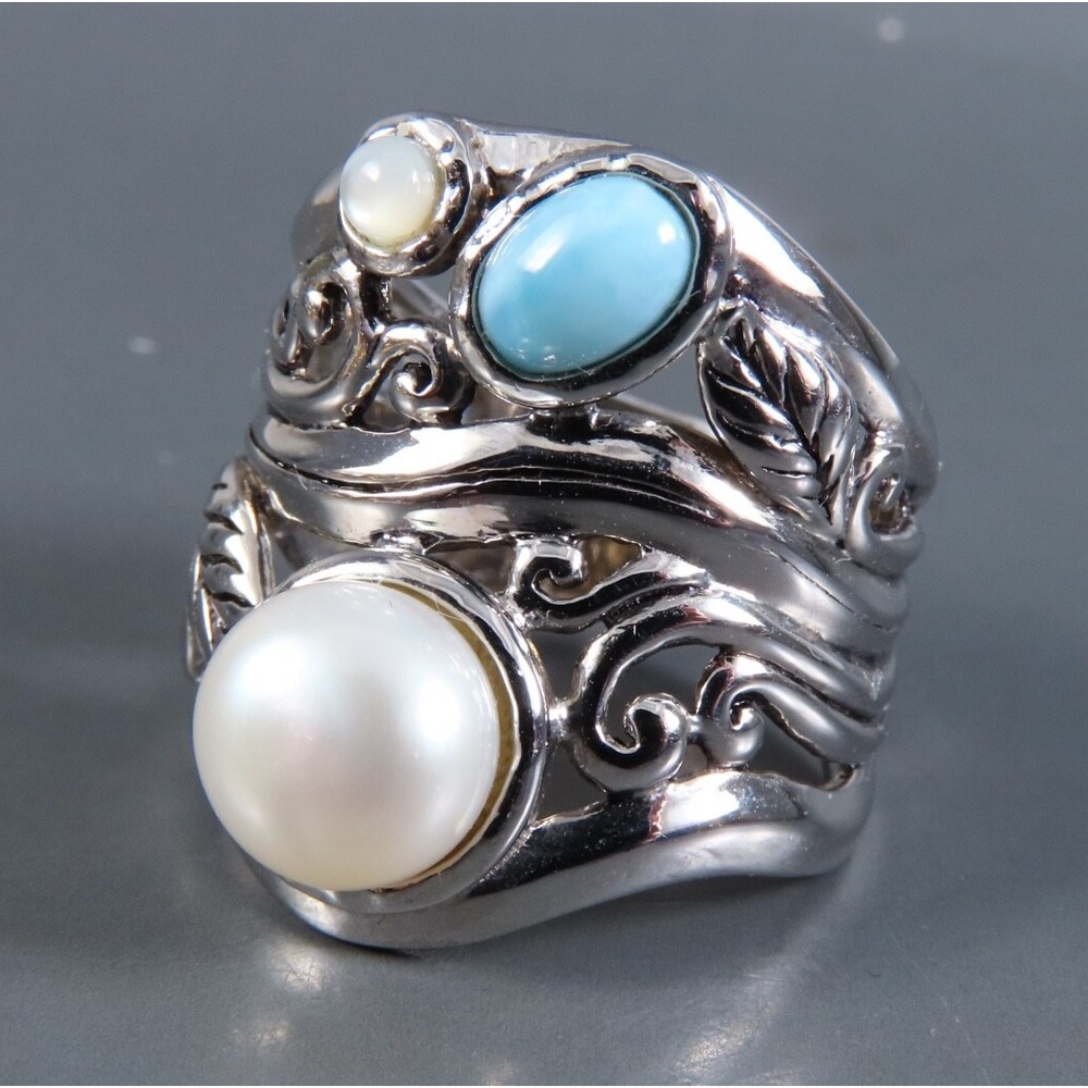 JTV/CFJ Sterling Silver Ring BLUE LARIMAR Cream Pearl WIDE SROLL LEAF BAND sz 6